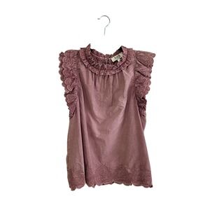 Sea New York Mauve Pink Cotton Ruffle Heart Embroidered Mock Neck Top Size 2